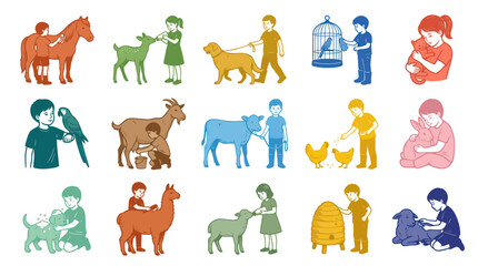 Fototapeta premium Children and Animals Flat Line Art Illustration Set for Farm, Pet Care, and Childhood Education