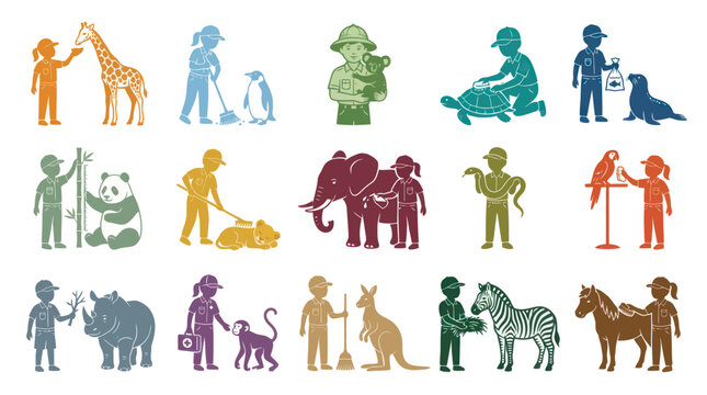 Zoo keepers caring for animals, colorful flat glyph icons set