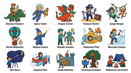 Fototapeta premium Kids Professions and Hobbies Flat Cartoon Illustrations Set. Children's Imagination and Adventure Characters Collection.