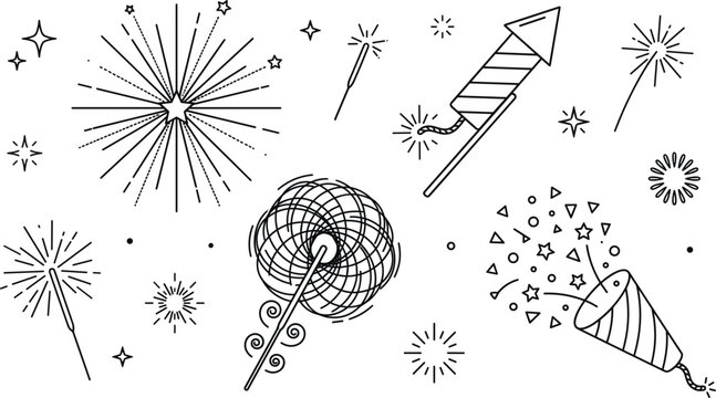 Celebration fireworks and rocket sparkler line art icons set for festival party carnival elements on white background