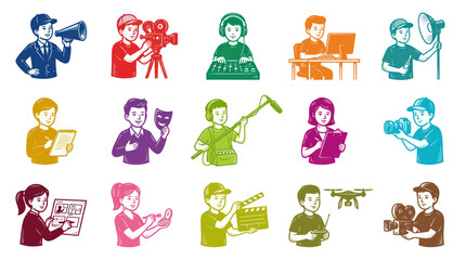Fototapeta premium Film Crew Icons: Director, Camera, Drone, Sound, Editing, Actor - Flat Style