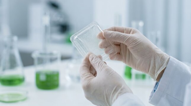 Close up of scientist hands wearing gloves holding transparent sample container in laboratory, green liquid beakers in background, medical research and biotechnology concept.