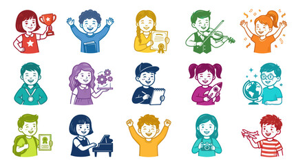 Obraz premium Hand-drawn Cartoon Children Characters with Diverse Hobbies, Educational Pursuits, and Achievements
