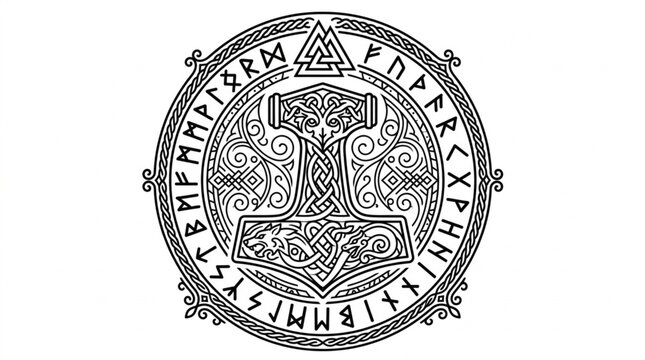 Thors Hammer Mjolnir Norse Mythology Symbol with Runes.