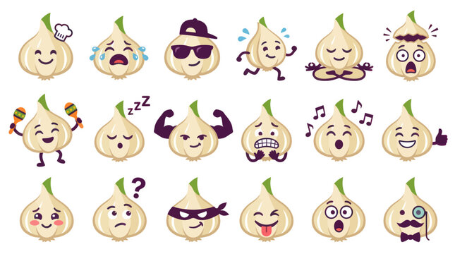 Food Industry Cute Cartoon Garlic Characters Set. Funny Vegetable Expressions Flat Vector Illustration.