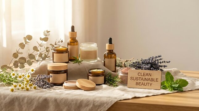 Natural organic skincare products with herbs and lavender flowers on a wooden table. botanical makeup offer. botanical makeup offer