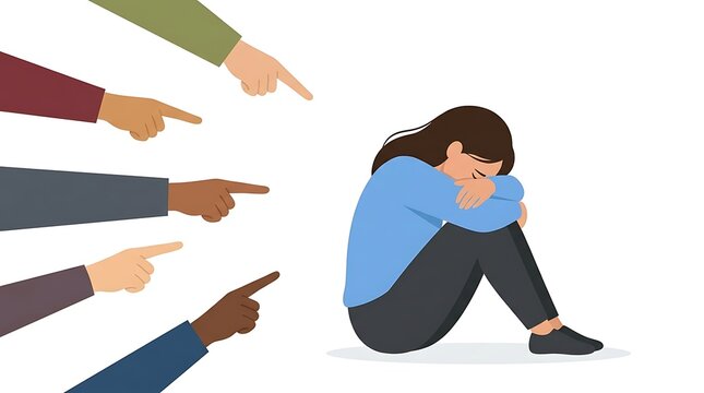 Sad woman feeling judged as multiple hands point towards her