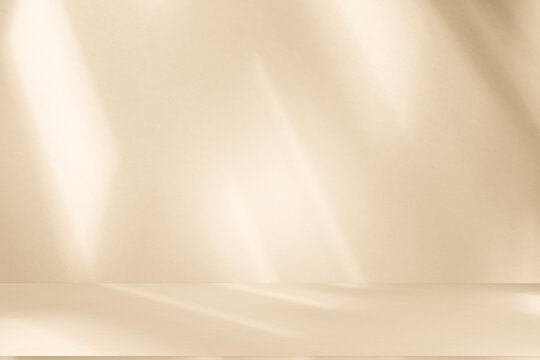 Wall interior autumn background, studio, and backdrops show products. with shadow leaf color beige background for text insertion and presentation of product	
