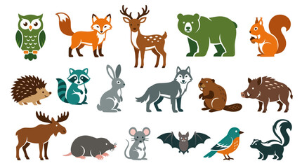 Obraz premium Flat Design Forest Animals Icon Set. Cute Cartoon Wildlife Collection for Nature and Kids Projects.