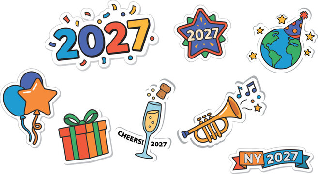 New Year 2027 sticker set with celebration icons, party elements, gifts, balloons and festive decorations