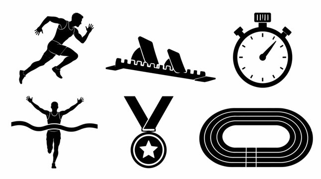 Track and Field Athletics Icon Set with Runner and Equipment