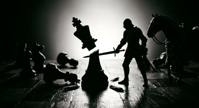 Silhouette of a Knight Warrior Defeating a Chess King Piece on a Board