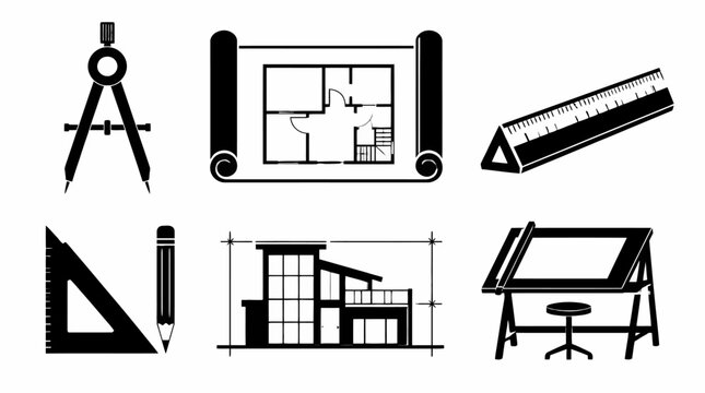 Architectural Drafting Tools and House Plans Icons Set