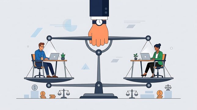 Workplace equality concept with professionals balanced on scales