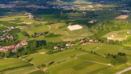 Obraz premium Aerial View of Rolling Vineyard Hills and Rural Village in Piedmont Italy