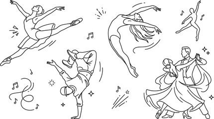 Dance styles icons set with ballet ballerina breakdance contemporary and ballroom dancers linear vector outline illustration white background © MD