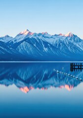 Fototapeta premium Majestic Snow-Capped Mountains Reflected in Calm Blue Lake at Sunrise with Wooden Pier and Buoys