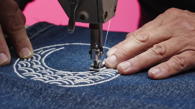 Close up of hands using a sewing machine to embroider a white pattern on blue denim fabric.