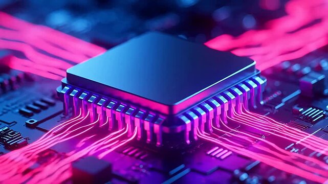 High-tech chip with blue and pink lights
