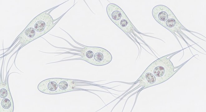Giardia lamblia parasite organisms under microscope view. Protozoa causing intestinal infection in animal and human. Medical science illustration for veterinary diagnostic research.