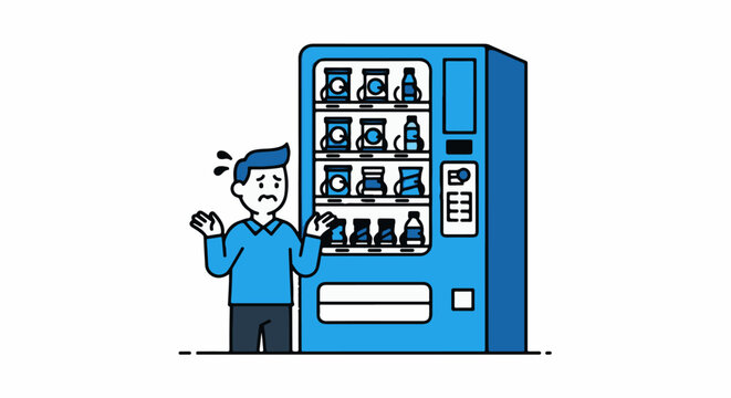 Man selecting beverage from large blue vending machine.