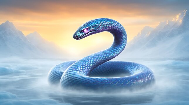 Enigmatic Blue Serpent Rising from Water at Sunset with Glowing Eyes and Mysterious Scales in a Magical Mythical Landscape