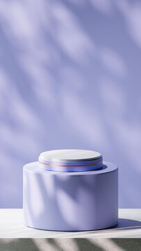A luxurious podium in Lavender Blue with Orange stripe. Placed on a Rounded board over Base cement texture with Lavender Blue backdrop. Nature gobos light