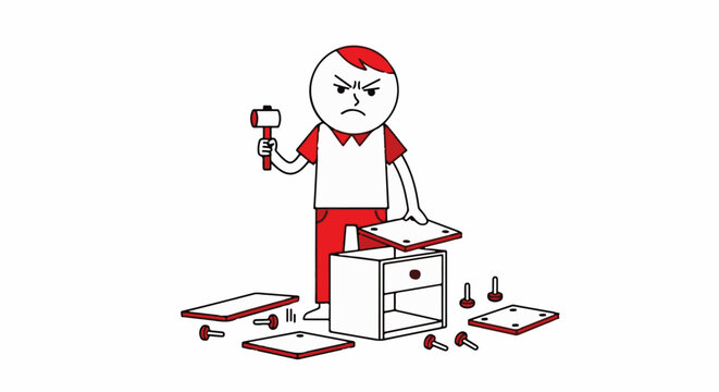 Cartoon character frustrated with broken technology and tools.