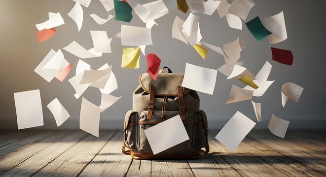 Exploding backpack with flying papers on wooden floor, chaotic school documents and notes floating in air, messy student bag in studio light