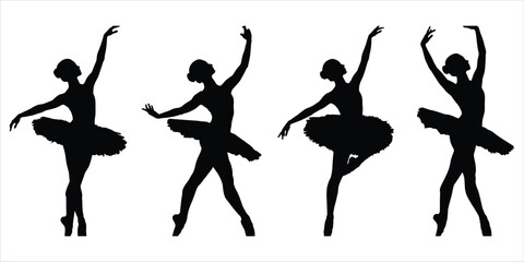 Four Black Silhouettes of Ballerinas in Tutus Performing Ballet Poses dancer dance © Md