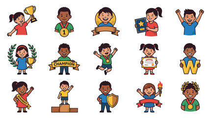 Fototapeta premium Diverse Kids Celebrating Success Achievement with Awards, Medals, Trophies - Hand-drawn Cartoon Vector Set