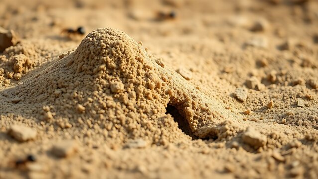 A detailed anthill in sandy soil with a single claw mark.