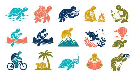 Obraz premium Glyph Turtle Travel Adventure Icons Set - Nature, Education, Hobbies Exploration Collection