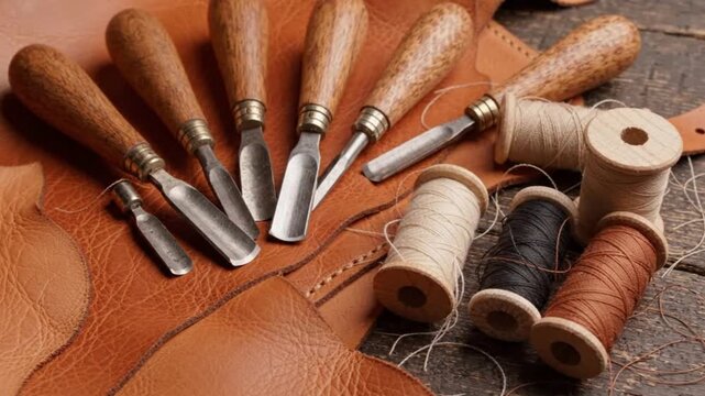 Assorted Sewing Needles and Thread Spools on Wooden Surface.