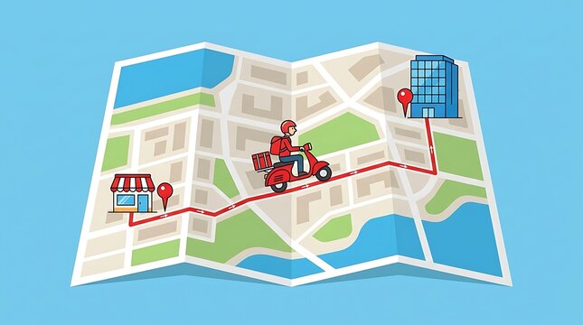 Delivery driver on scooter navigating a city map from shop to office