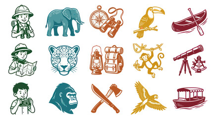 Fototapeta premium Retro Cartoon Safari Adventure Exploration Vector Icon Set with Wildlife Animals and Travel Gear