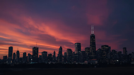 Obraz premium Vibrant purple twilight Chicago skyline with dramatic clouds and city lights