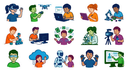 Fototapeta premium Children and Technology STEM Education Vector Illustration Set: Future Learning, VR, Robotics, Coding, Science