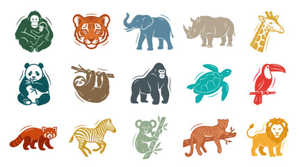Fototapeta premium Textured Stylized Wild Animals Vector Icons Set for Nature Conservation and Wildlife Zoo Concepts