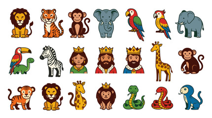 Fototapeta premium Cute Cartoon Safari Jungle Animals and Fantasy Royalty Characters Flat Vector Illustration Set for Kids.