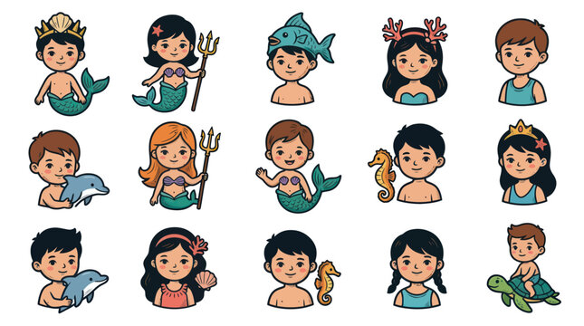 Cute Flat Cartoon Merfolk, Mermen, and Children with Ocean Animals Vector Illustration Set