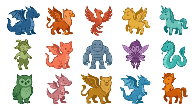 Adorable Cartoon Vector Set of Mythical Fantasy Creatures for Kids Storytelling and Games
