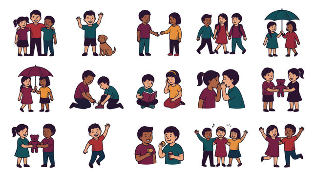 Childhood Education and Social Skills: Diverse Kids Friendship, Play, and Interaction Flat Illustration Vector Set