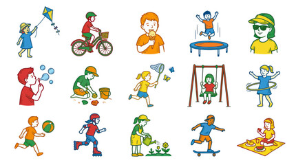 Fototapeta premium Children Summer Activities Vector Illustrations - Happy Kids Playing Outdoors