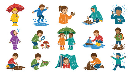 Fototapeta premium Children enjoying rainy day outdoor activities, flat vector illustrations