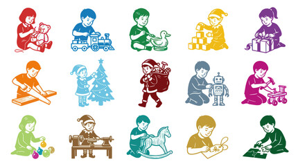Fototapeta premium Retro Monochromatic Children Playing with Toys and Christmas Activities Illustration Set