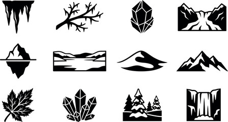 Fototapeta premium Winter Scene Illustration with Snowy Trees and Mountain Landscape in Cool Tones