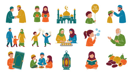 Fototapeta premium Islamic Eid al-Fitr Celebration Family and Children Flat Art Icons