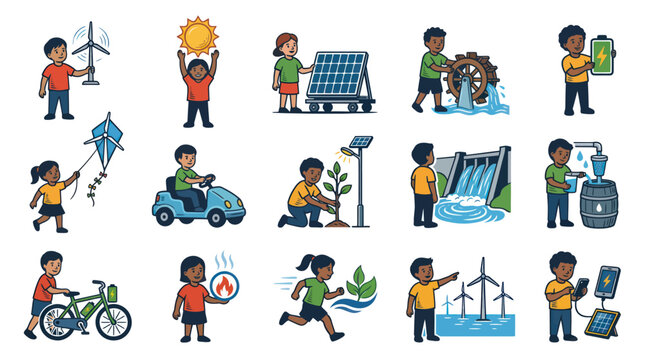 Children Illustrating Renewable Energy Sources: Solar, Wind, Hydro, Bike, Kite, Sun