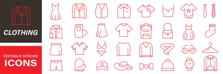 Clothing, apparel line icons set. Oversize t-shirt, hoodie, wide-leg jeans, puffer jacket, jumpsuit flat minimal vector illustrations. Simple outline signs. © top3